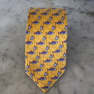 SHORE & SINGER Fish Print Yellow Blue Silk Tie